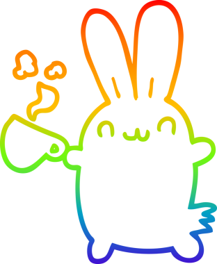 Gökkuşağı gradyan çizgisi bir insan tarafından çizilmiş kahveyi içen sevimli bir tavşan çizimi