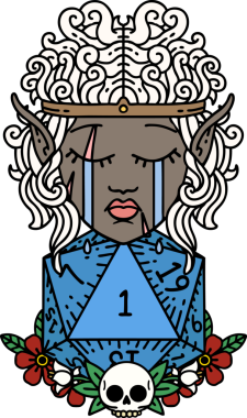 Retro Dövme Tarzı Ağlayan Elf Barbar Karakteri Bir insan tarafından çizilmiş doğal bir D20 rulosu