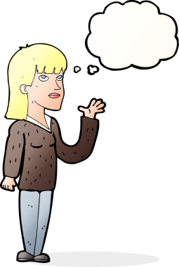 Bir insan tarafından çizilen düşünce baloncuğuyla açıklayan çizgi film kadını.