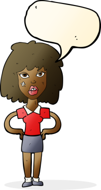 Bir insan tarafından çizilmiş konuşma balonu olan sert kadın çizgi filmi.