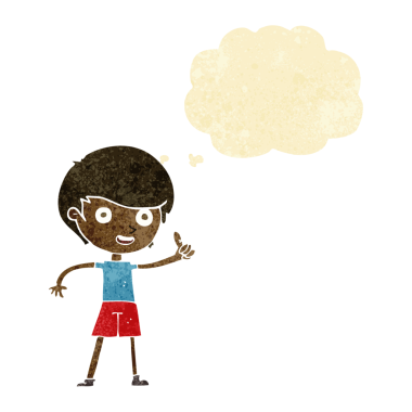 Çizgi filmci çocuk, bir insan tarafından çizilmiş düşünce baloncuğuyla baş parmak işareti yapıyor.