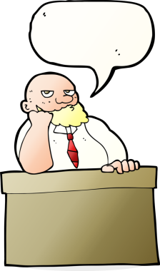 Bir insan tarafından çizilmiş bir konuşma baloncuğuyla masada sıkılmış bir adam.