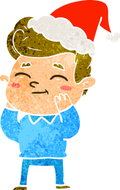 Mutlu el çizimi, Noel Baba şapkası takan bir adamın insan tarafından çizilmiş retro karikatürü.