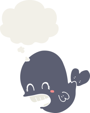 Düşünce baloncuğu olan karikatür balinası insan tarafından çizilmiş.