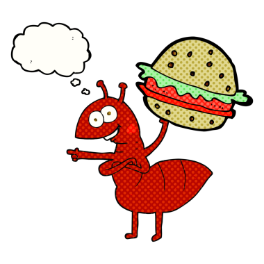 Serbest çizim düşünce baloncuklu karınca insan tarafından çizilmiş yiyecekleri taşıyor.