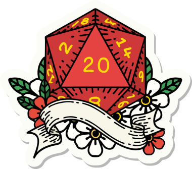 Bir insan tarafından çizilmiş 20 D20 zarının çıkartması.