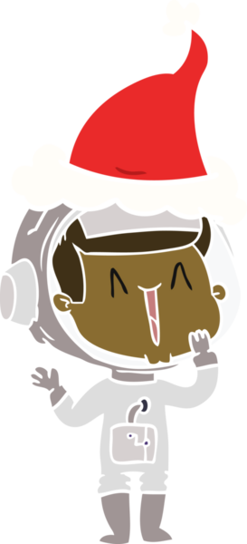 Gülen el, bir insan tarafından çizilmiş Noel Baba şapkası giyen bir astronotun düz renk çizimi.