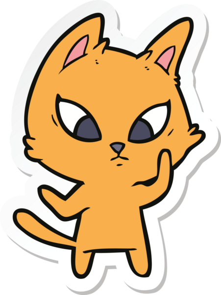 Bir insan tarafından çizilmiş kafası karışmış bir çizgi film kedisinin çıkartması.