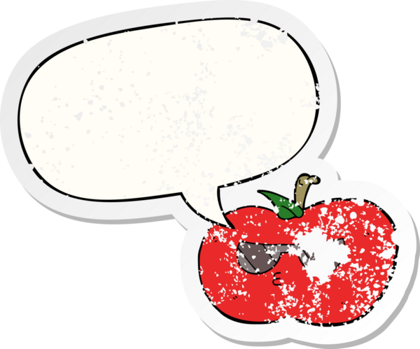 Bir insan tarafından çizilmiş, sıkıntılı, eski bir çıkartma, konuşma baloncuğu olan çizgi film serin elma