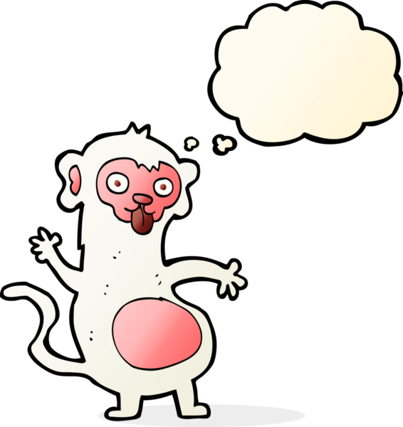 Bir insan tarafından çizilmiş düşünce baloncuklu komik çizgi maymun.