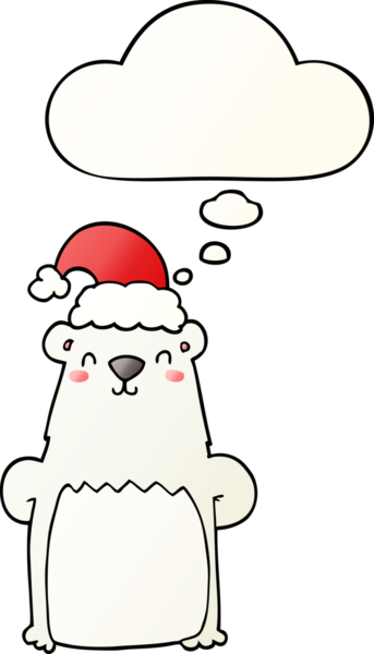 Düşünce baloncuklu noel şapkası takan çizgi film ayısı bir insan tarafından çizilmiş.