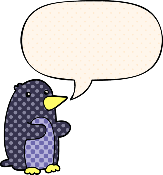 Bir insan tarafından çizilmiş çizgi roman tarzında konuşma balonu olan penguen çizgi filmi.