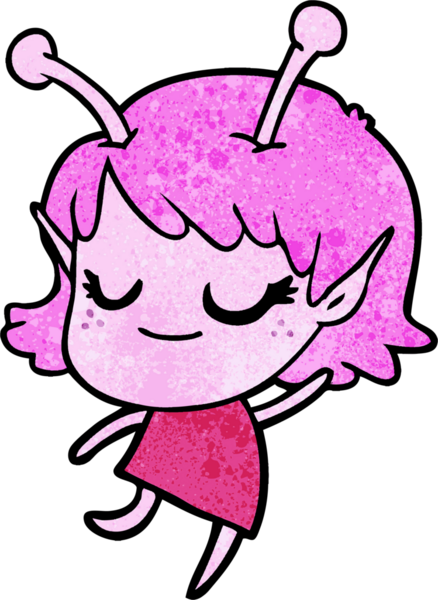 Bir insan tarafından çizilmiş gülümseyen uzaylı kız çizgi filmi.