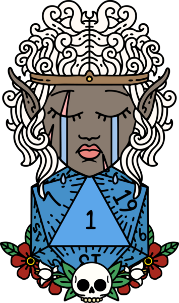 Retro Dövme Tarzı Ağlayan Elf Barbar Karakteri Bir insan tarafından çizilmiş doğal bir D20 rulosu