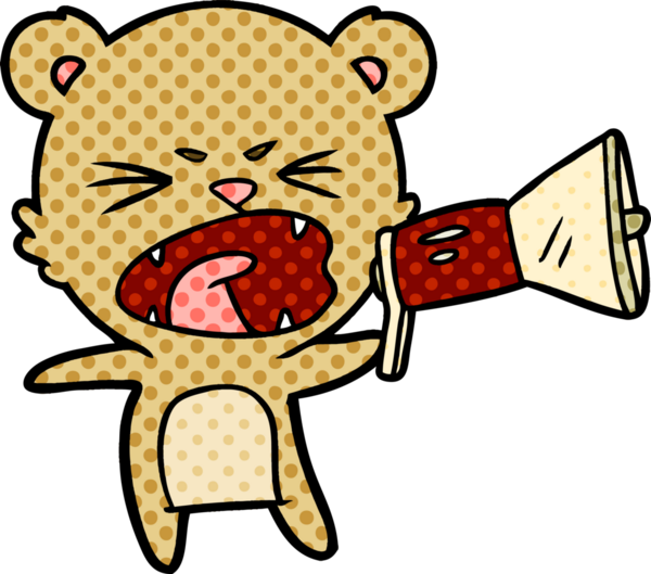 Kızgın çizgi film ayısı bir insan tarafından çizilmiş megafona bağırıyor.