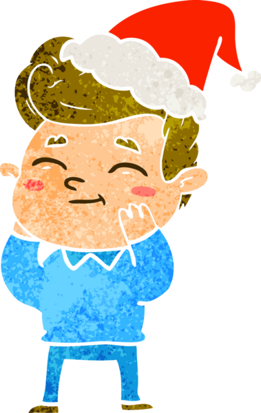 Mutlu el çizimi, Noel Baba şapkası takan bir adamın insan tarafından çizilmiş retro karikatürü.