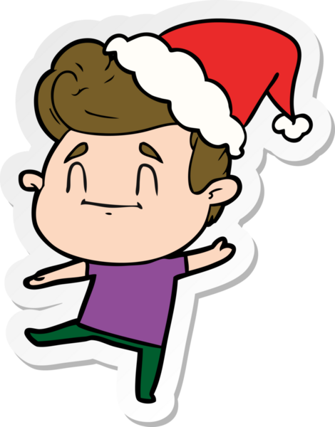 Bir insan tarafından çizilmiş Noel Baba şapkası giymiş bir adamın mutlu el çizimi karikatürü.