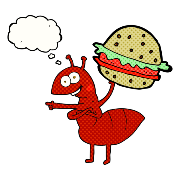 Serbest çizim düşünce baloncuklu karınca insan tarafından çizilmiş yiyecekleri taşıyor.