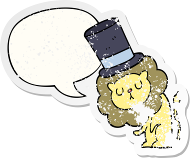 Konuşma baloncuğu olan silindir şapka takan sevimli çizgi film aslanı, bir insan tarafından çizilmiş sıkıntılı eski bir çıkartma.