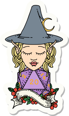 Bir insan tarafından çizilmiş doğal yirmi zarlı elf büyücü karakterinin çıkartması.