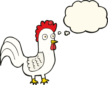 Bir insan tarafından çizilmiş düşünce kabarcığı olan çizgi film horozu.