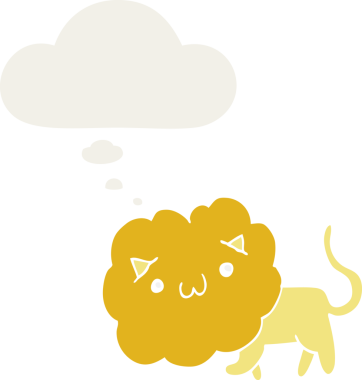 Bir insan tarafından çizilmiş düşünce baloncuğu olan sevimli çizgi film aslanı.