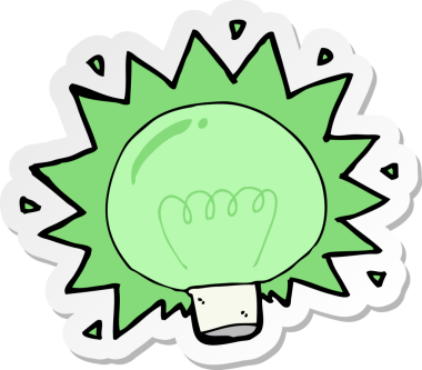 Bir insan tarafından çizilmiş yeşil ampulü gösteren karikatür çıkartması.