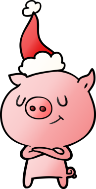 Bir insan tarafından çizilmiş Noel Baba şapkası takan bir domuzun gradyan çizimi.