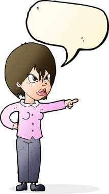 Bir insan tarafından çizilen konuşma balonuyla suçlanan karikatür kadını.