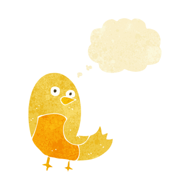 Bir insan tarafından çizilmiş düşünce baloncuklu çizgi film kuşu.