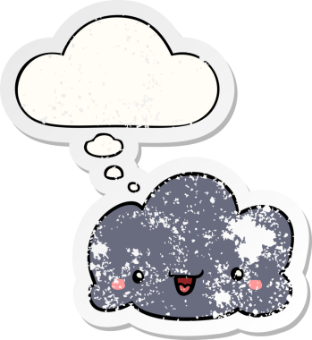 Düşünce baloncuğu olan sevimli çizgi film bulutu bir insan tarafından çizilmiş yıpranmış bir çıkartma gibi.