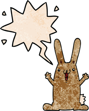 Konuşma baloncuklu çizgi film tavşanı insan tarafından çizilmiş.