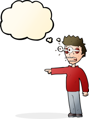 Bir insan tarafından çizilmiş düşünce baloncuğuyla gözleri fırlayan çizgi film adamı.