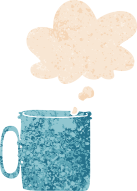 Düşünce baloncuklu çizgi film kampı kahvesi. Bir insan tarafından çizilmiş dertli retro tarzı.