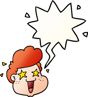 Çizgi filmci çocuğun yüzü, bir insan tarafından çizilmiş yumuşak bir gradyan tarzla konuşma balonu.