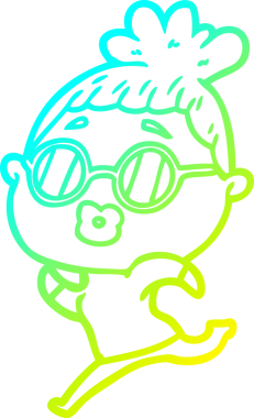 Bir insan tarafından çizilmiş güneş gözlüğü takan çizgi film kadını çizimi.