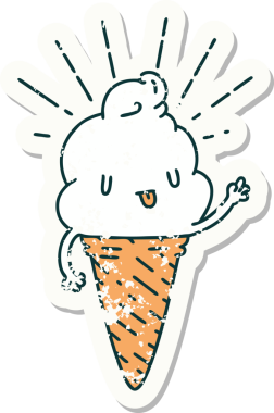 Bir insan tarafından çizilmiş eski dövme stili bir dondurma karakterinin eski bir çıkartması.