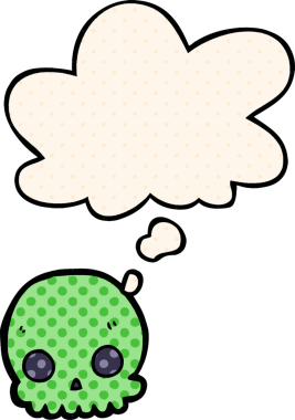 Çizgi roman tarzında bir insan tarafından çizilmiş düşünce baloncuklu bir kafatası.