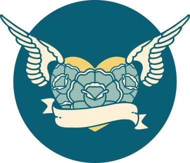 Bir insan tarafından çizilmiş çiçek ve bayrak ile uçan bir kalbin ikonik dövme görüntüsü