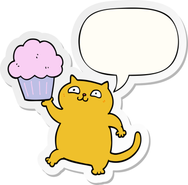 Bir insan tarafından çizilmiş baloncuk çıkartmalı kek ile çizgi film kedisi.