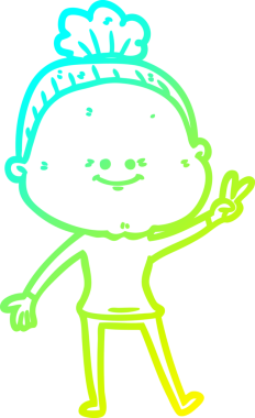 Bir insan tarafından çizilmiş, mutlu, yaşlı bir kadının çizimi.