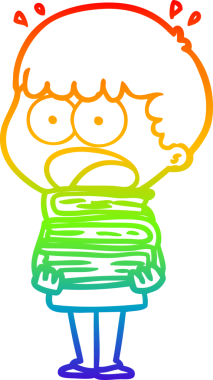 Gökkuşağı gradyan çizgi çizimi bir insan tarafından çizilmiş kitap yığınıyla şok olmuş bir çocuk.