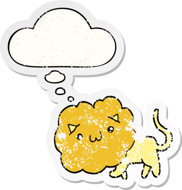 Düşünce baloncuğu olan sevimli çizgi film aslanı bir insan tarafından çizilmiş yıpranmış bir çıkartma.