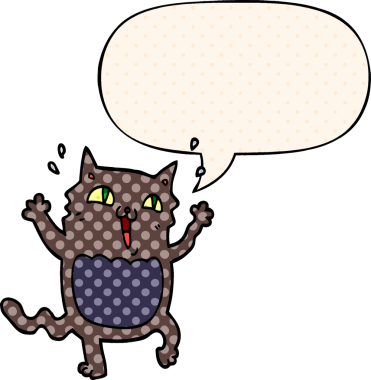 Bir insan tarafından çizilmiş çizgi roman tarzında konuşma balonu olan çılgın, heyecanlı bir kedi.