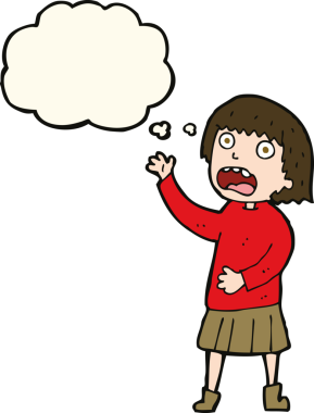 Karikatür, bir insan tarafından çizilmiş düşünce balonlu kadını strese sokuyor.