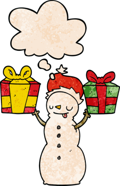 bir insan tarafından çizilmiş grunge desenli düşünce baloncuğu olan kardan adam.