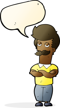 Bir insan tarafından çizilmiş konuşma baloncuğu olan bıyıklı kaslı adam.