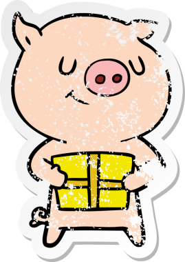 Bir insan tarafından çizilmiş Noel hediyeli mutlu bir domuzun sıkıntılı çıkartması.