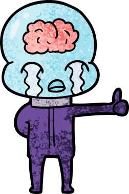 Karikatür büyük beyin uzaylıları ağlıyor ama bir insan tarafından çizilmiş baş parmak işareti veriyor.