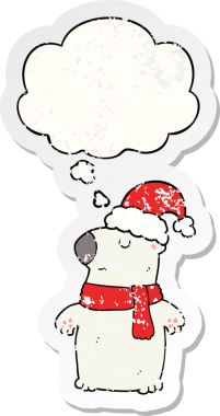 Düşünce baloncuğu olan şirin bir çizgi film Noel ayısı. Bir insan tarafından çizilmiş yıpranmış bir çıkartma.